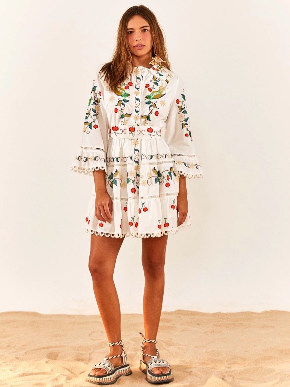 Farm Rio Pitanga White Embroidered Tiered Mini Dress - Read Description